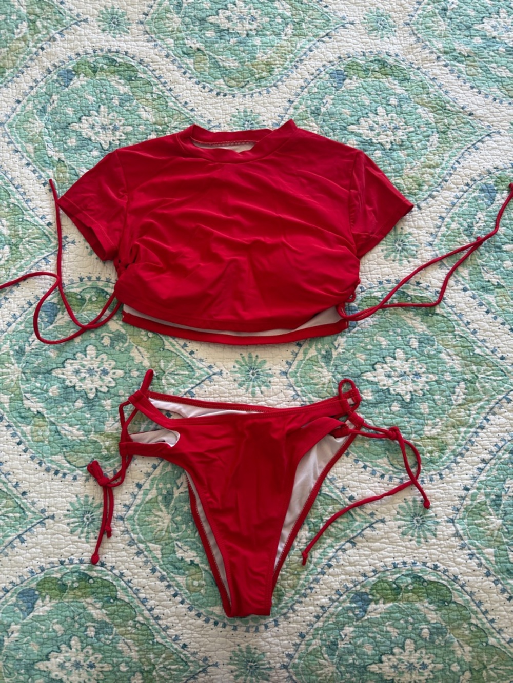 SHEIN Red Tie-Side Bikini Set with Crop Rash Guard
